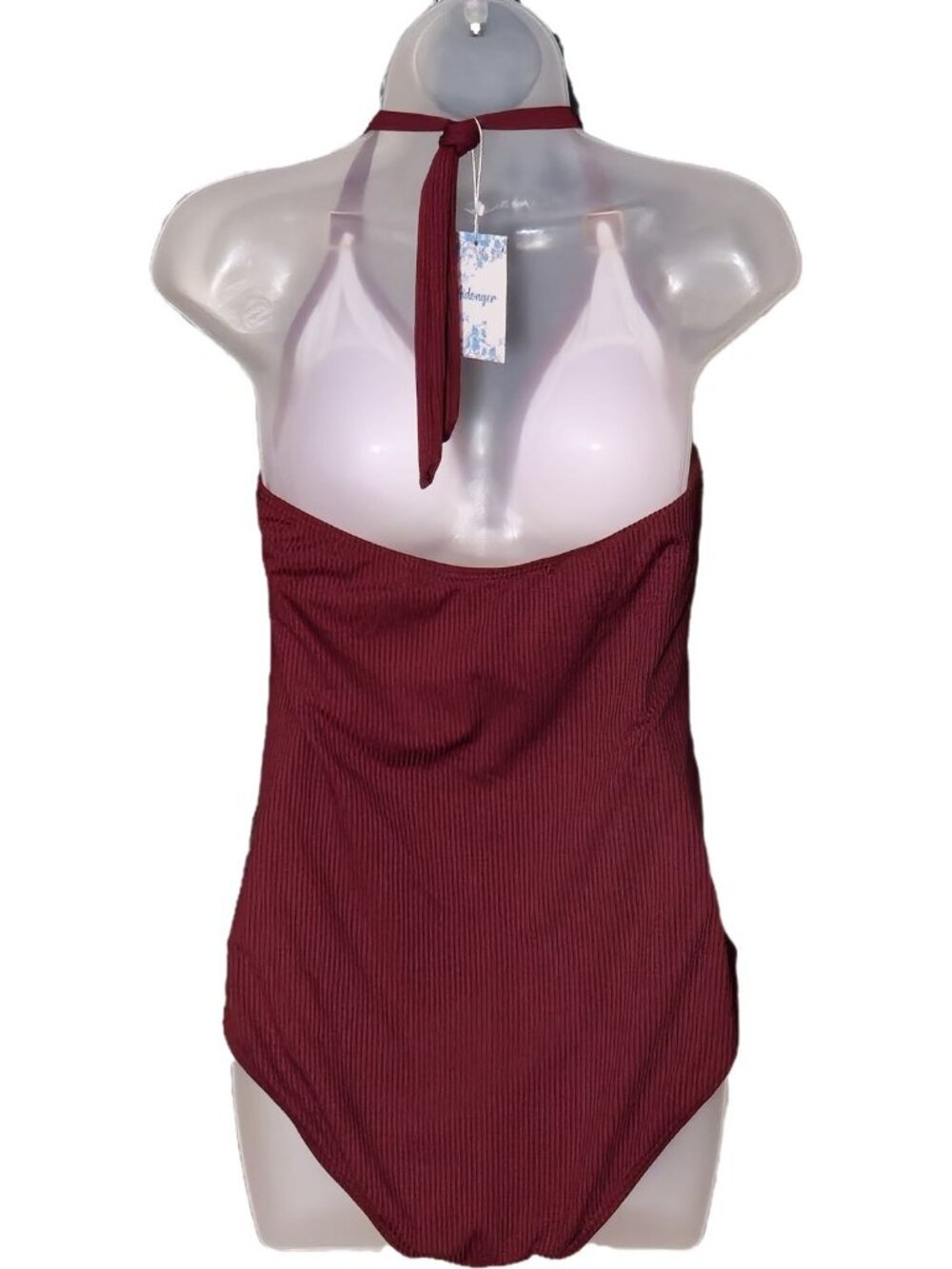 Burgundy One Piece Swimsuit XL Halter Gold Accents Ruched Tummy Control Lined - Picture 9 of 9